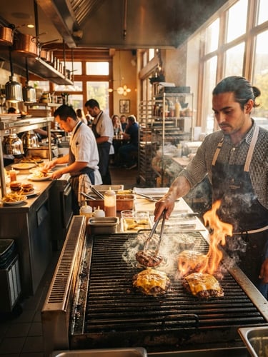 Wide panoramic shot of a bustling, warm restaurant kitchen at golden hour, a chef grilling burgers with flames visible on the right third, steam rising, focus on the sizzling food, natural window light.