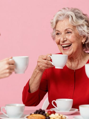 Vibrant editorial photography of a beautiful older woman in a crimson dress having a lively tea party with a younger woman in a pink top, laughing together, bright high-contrast daylight, dynamic motion, 35mm lens.