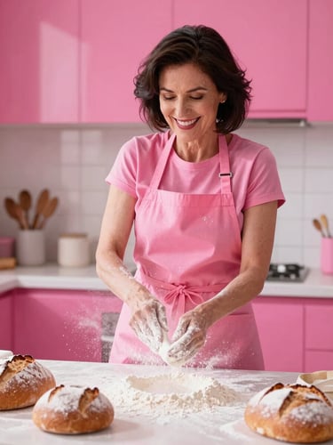 A dynamic shot of a woman in her early 60s with stylish dark hair, wearing a vibrant pink apron, happily dusting flour over freshly baked loaves in a bright kitchen.