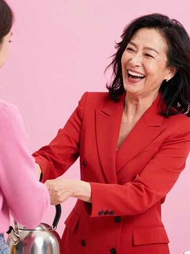 Dynamic mid-shot editorial photo of a fabulous woman in her late 50s with dark hair, wearing a bold crimson blazer, laughing joyfully with a younger woman in a pink sweater over a hot kettle. Saturated colors, bright high-contrast daylight, 35mm lens.