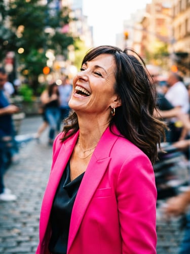 Dynamic mid-shot of a joyful woman in her late 50s with stylish dark hair, wearing a saturated hot pink blazer, laughing with head tilted back, bright high-contrast daylight, motion blur.