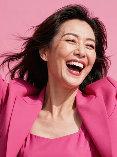 A close-up of a joyful, stylish woman in her late 50s with dark hair, wearing a bright magenta blazer, laughing dynamically in high-contrast natural daylight.