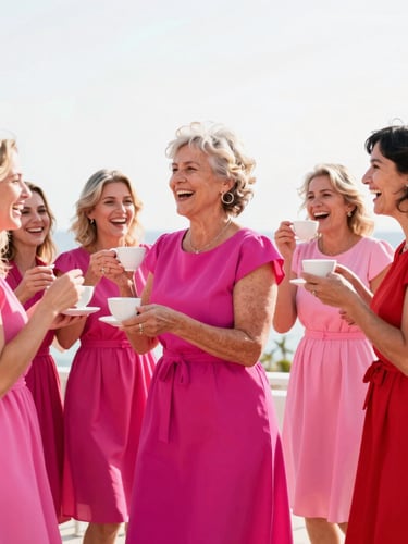Bright high-contrast daylight photo of a culturally diverse group of older women in vibrant pink and red dresses hosting a lively outdoor tea party with younger women, genuine laughter, dynamic motion blur, 35mm lens.