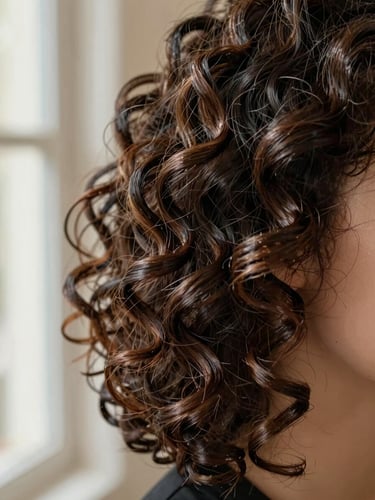 Extreme close-up of defined curls after curl treatment, individual curl springs visible with high-shine finish, shot in natural window light against a pale nude wall, movement and texture as the sole subject