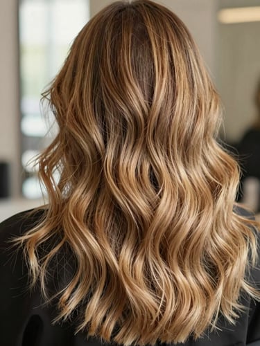Close-up of a finished balayage transformation, rich warm blonde tones flowing through dark base, strand-level color depth visible, natural diffused window light, cropped tight on hair texture mid-movement