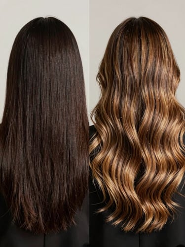 Before and after side-by-side of morena iluminada color work, left panel shows flat dark hair, right panel shows luminous warm highlights with visible shine, soft studio light, neutral background