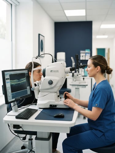 Bright clinical photography of modern ophthalmic diagnostic equipment in a clean, hygienic clinic interior, soft natural daylight, navy accents, sharp focus, 35mm