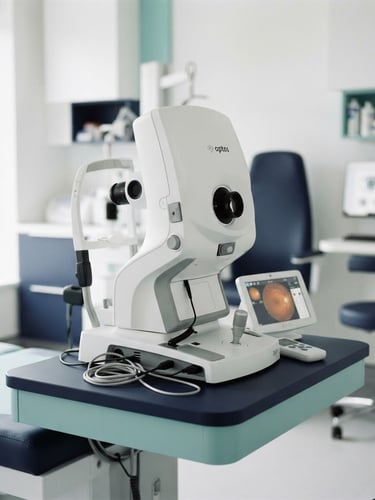 Bright clinical photography of an advanced ophthalmic diagnostic machine in a clean modern eye clinic, soft natural daylight, navy and teal accents, sharp focus, 35mm