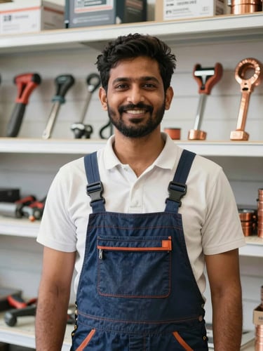 A crisp portrait of a friendly Indian hardware store owner standing in front of neatly arranged shelves of tools, bright natural daylight, professional trade environment