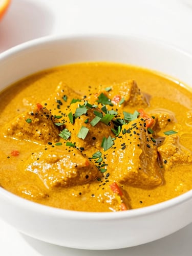Crisp close-up of a chef finishing a vibrant regional curry with fresh green herbs, bright natural daylight, clean white background, vivid orange accents