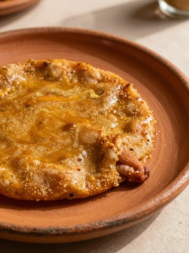 Tight macro shot of a traditional Cochabambino silpancho on a textured rustic clay plate, warm natural afternoon sunlight casting soft shadows, rich terracotta tones, shallow depth of field