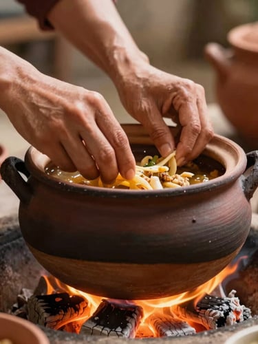 Close-up of hands preparing traditional food in a dark clay pot over an open fire, warm embers glowing, soft natural light, rustic kitchen details