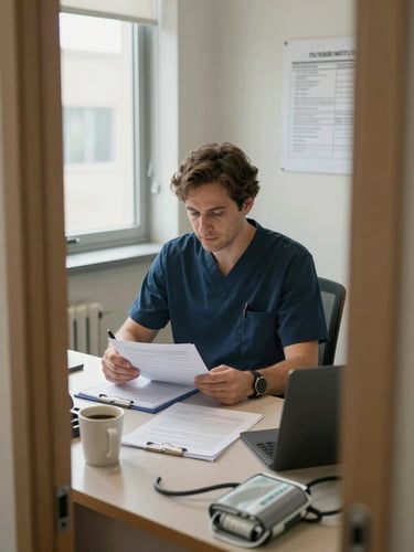 Medium shot from the doorway of a clinical intake office: a psychiatrist seated at a desk reviews a physical patient file, pen in hand, natural north-facing window light falling across the open folder and a half-visible chart on the wall behind. Institutional daylight, no mood lighting. The desk surface shows a coffee mug, printed forms, and a blood pressure cuff in the foreground — practical detail that signals active clinical work, not a posed portrait.