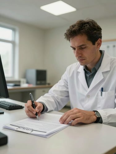 Medium shot of a psychologist at a clinical desk, pen in hand annotating printed patient intake forms, institutional fluorescent-neutral lighting from overhead and a window to the left, focus on hands and paperwork, no posed expression, practical clinical environment