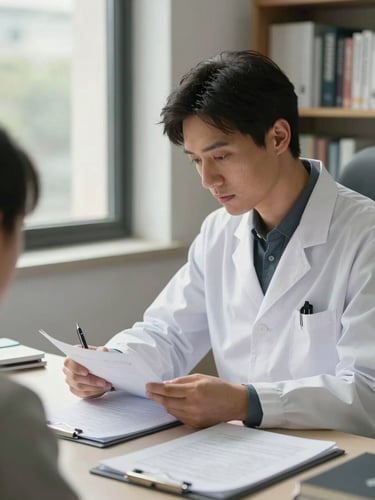 Medium shot from the left side of a clinical office: a male psychiatrist in a white coat seated at a desk, leaning forward over an open patient file, pen in hand, natural north-facing window light illuminating the documents and his focused expression, bookshelves with medical texts visible in the background, institutional daylight, no posed smile