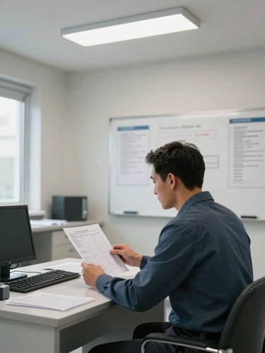 Wide shot of a clinical consultation room: a psychiatrist at a desk reviewing a printed medication chart under fluorescent-neutral overhead lighting, a whiteboard with diagnostic notes partially visible on the wall behind, institutional setting, no decorative elements, practical daylight from a side window