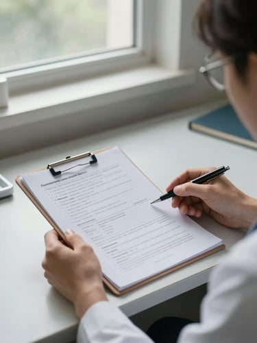 Close medium shot of a psychiatrist's hands holding an open patient file at a clinical desk, institutional north-facing window light illuminating handwritten notes and printed diagnostic charts, a pen resting across the page — precise documentary framing, no faces visible, practical brightness, real clinical office environment