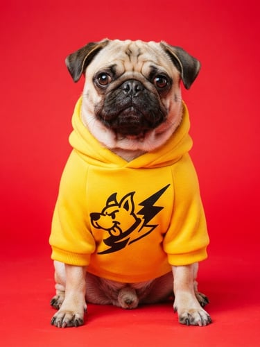 Vibrant pop-art product photography of a pug wearing a bright yellow dog hoodie with a bold black graphic, high-key studio lighting, saturated red background, portrait 3:4 aspect
