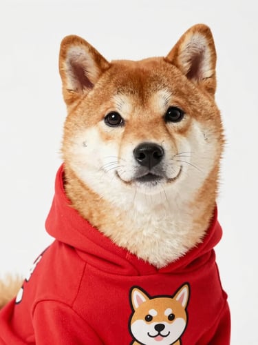 Vibrant pop-art close-up of a Shiba Inu wearing a bright red dog hoodie with funny text, bright studio lighting, sharp focus