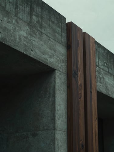 Cinematic medium shot of raw concrete and dark walnut wood architectural details, overcast daylight, deep shadows, moody low-key lighting, 35mm lens.