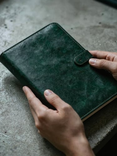 Moody close-up shot of hands holding a dark leather-bound journal on a raw concrete desk, overcast natural light, deep shadows, dark green tones
