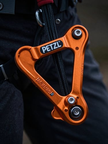 Macro shot of a high-visibility safety orange Petzl ID descender threaded with heavy black rope, dramatic low-key lighting highlighting metallic textures of anodized aluminum