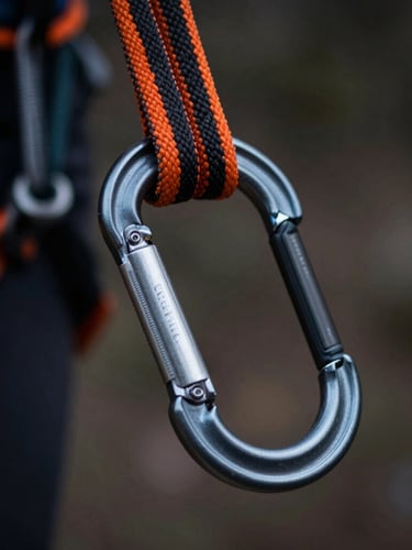 Macro shot of professional Petzl climbing gear, black and orange ropes, metallic carabiners with anodized aluminum texture, shallow depth of field, low-key dramatic lighting.