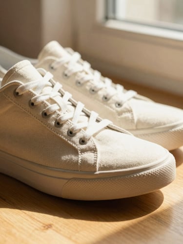 Low-angle close-up of a lightweight sneaker resting on sunlit wooden floor, warm golden-hour shadows, soft morning window light, canvas texture visible