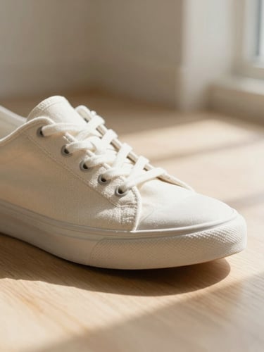 Low-angle close-up of a lightweight sneaker resting on a sunlit wooden floor, soft diffused morning light casting long shadows, showing the fine texture of honest canvas.