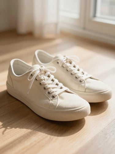 Low-angle close-up of lightweight canvas sneakers resting on a warm, sunlit wooden floor with soft morning shadows.