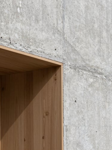 Close-up of raw textured concrete meeting warm oak wood with a sharp shadow line, diffused natural daylight, architectural detail shot.