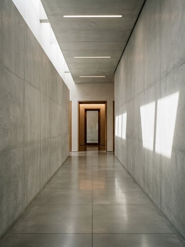 Strict one-point perspective of a minimalist concrete corridor, natural daylight casting sharp geometric shadows on raw plaster walls, high-end architectural photography style.
