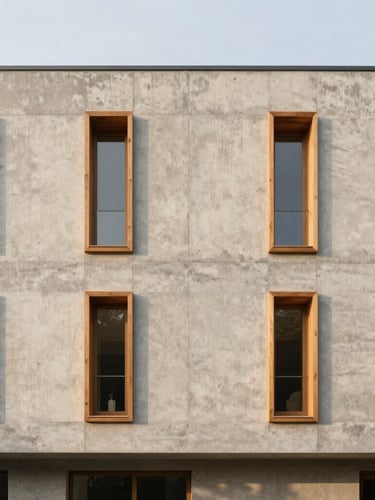 Wide-angle architectural elevation of a minimalist residential concrete facade, integrated local oak window frames, golden-hour grazing light highlighting texture.