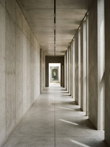 Strict one-point perspective of a minimalist concrete corridor, natural daylight casting sharp diagonal shadows on a textured raw plaster wall, architectural editorial photography, 35mm lens.