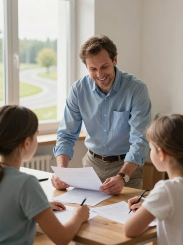 Approachable German advisor in a warm-lit office talking with a smiling family over documents, soft natural light, authentic editorial style