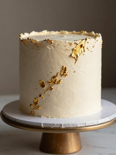 Close-up of a perfectly decorated cake with gold leaf detailing on a minimalist ceramic stand, soft morning light, elegant atmosphere.
