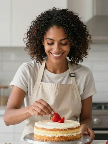 Gisane smiling warmly in a bright home kitchen, wearing a clean beige apron, delicately placing a fresh strawberry on top of a naked cake, soft daylight