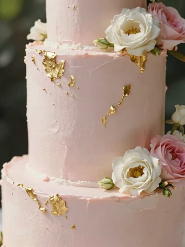 Close-up of a modern tall birthday cake with smooth pastel pink buttercream, delicate gold leaf details, and fresh flowers, shot in bright morning daylight.