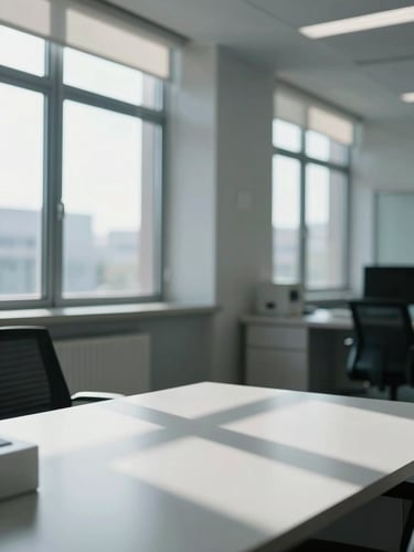 An architectural close-up of a modern, empty clinical administrative office with cool daylight streaming through large windows, casting sharp geometric shadows on a clean desk.