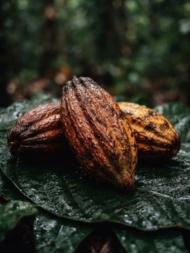 Close-up of raw cocoa pods on a dark, wet leaf, glistening with moisture, soft misty natural light, deep forest green and rich bronze tones, shallow depth of field, 35mm, portrait aspect