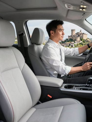 Spotless modern taxi interior, clean passenger seats, bright daylight, Elazığ Harput Castle silhouette visible through the window, professional driver in clean attire at the wheel