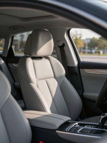 Spotless and clean modern car interior passenger cabin, leather seats, sunlight streaming through the window, professional and premium feel