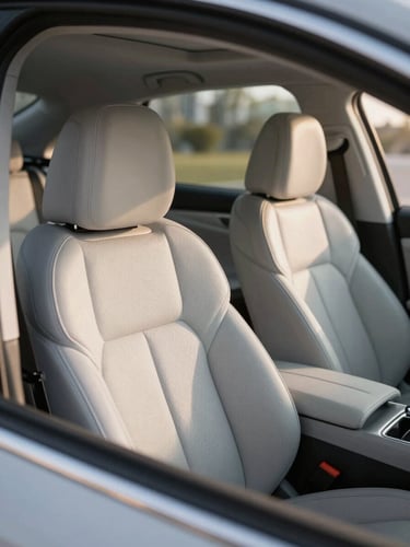 Spotless modern car interior, close-up of clean leather passenger seats, warm morning light, professional driver visible in rearview mirror, premium feel.