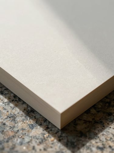 Macro close-up of thick, debossed stationery resting on a slab of raw cut granite, soft morning light.