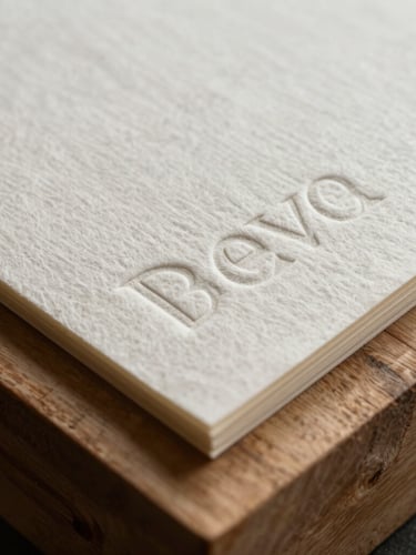 Close-up of heavily embossed thick cotton paper brand collateral with deep debossed typography, resting on a raw oak block, low-angle natural light
