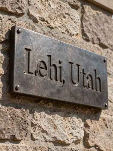 Macro photograph of a heavy steel sign with deep engraved brand identity, casting a sharp shadow on a textured stone wall in Lehi, Utah