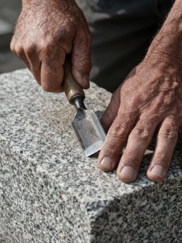 Extreme close-up of weathered hands striking a granite block with a chisel, high-contrast side lighting emphasizing the raw texture of the stone, overcast natural light.