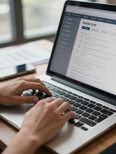Close detail shot of hands on a laptop keyboard, a real estate CRM screen visible in background, natural daylight from office window, papers and a phone on the desk, calm working atmosphere