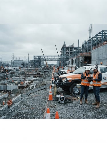 Wide panoramic industrial field photography of specialized compliance vehicles and field engineers in high-visibility gear at a construction site, overcast daylight, desaturated cool tones with safety orange accents, crisp details, 35mm lens, subject off-center to the right, generous negative space on the left.