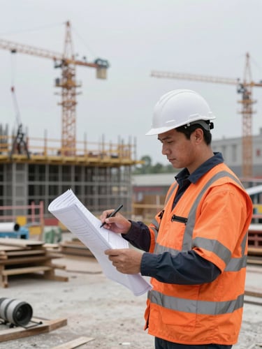 Field engineer in high-visibility gear reviewing blueprints on a construction site, overcast daylight, crisp details, 35mm lens